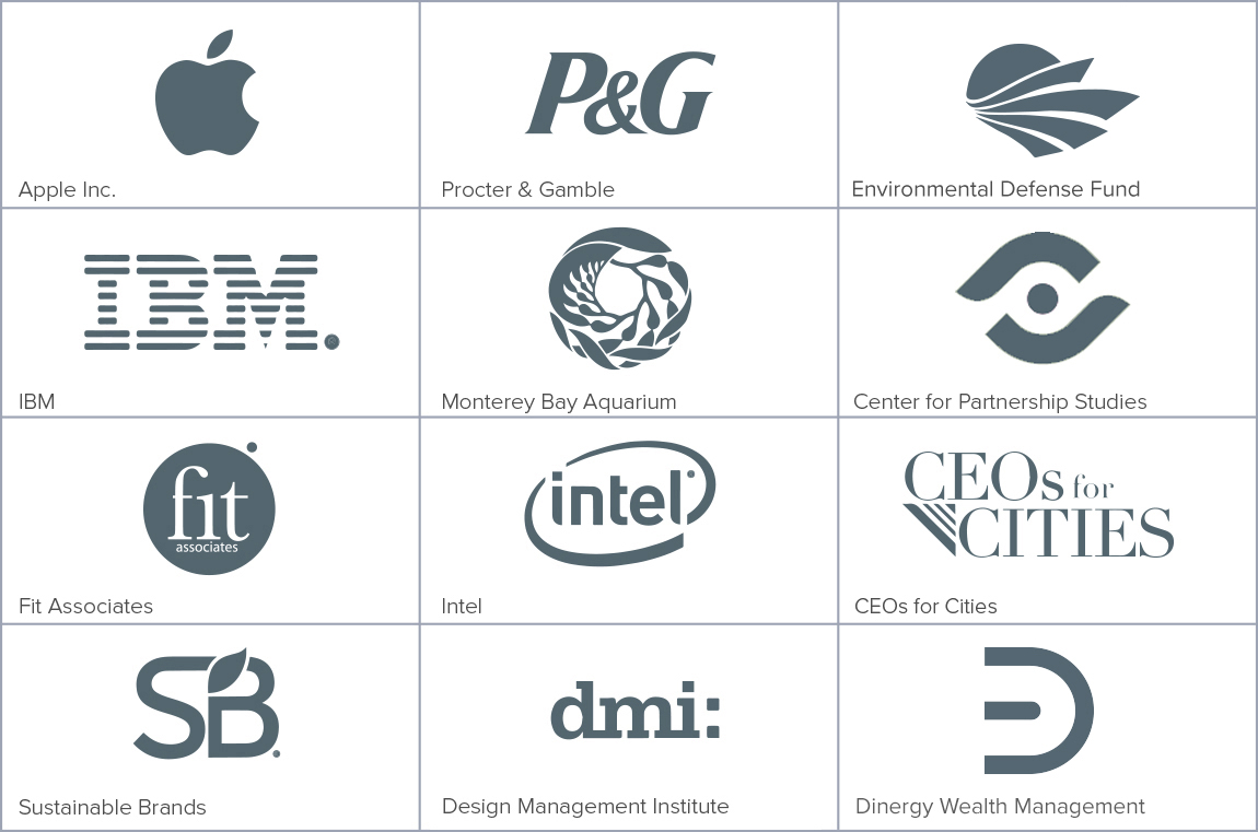 Apple, Procter & Gamble, Simply Money, IBM, Monterey Bay Aquarium, Center for Partnership Studies, Intel, Dinergy Wealth Management, Design Management Institute, and more